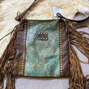 NWT leather fringe Turquoise crossbody Keep it Gypsy